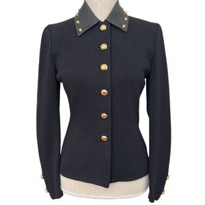 Rare St. John Collection Black Wool Santana Knit Leather Studded Jacket Size 2